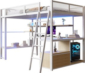Łóżko piętrowe metalowe dla dzieci - 140 x 200 cm - ze zintegrowanym biurkiem + oświetlenie LED + schowek - białe