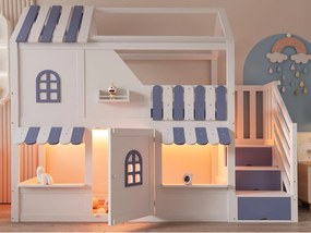 Łóżko na antresoli dla dzieci 90 x 200 cm - z drabiną z pojemnikami - z oświetleniem LED - z 1 drzwiami - biały + niebieski (materac nie jest wliczony w cenę)