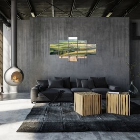 Obraz - Drewniana półka z krajobrazem (125x70 cm)