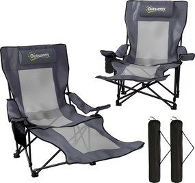 Outsunny Zestaw 2 składanych krzeseł kempingowych z regulowanym oparciem, podnóżkiem, uchwytem na napoje i zagłówkiem, ciemnoszary | Aosom PL