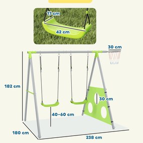 AIYAPLAY Zestaw huśtawkowy dla dzieci, 2 siedziska huśtawkowe, 1 kosz do koszykówki, 1 bramka do piłki nożnej, stelaż metalowy, zielony