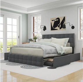 Łóżko małżeńskie 140x200 cm z 4 szufladami - Regulowane wezgłowie - Stelaż metalowy - Len - Szary (bez materaca)