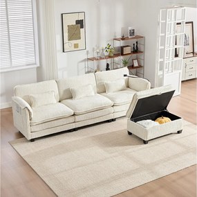 Sofa 3-osobowa, sofa narożna z portem USB, kieszeniami bocznymi i uchwytem na telefon - Beżowy szenil