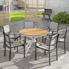 Outsunny Stół Ogrodowy Ø118cm, Wodoodporny Stół Balkonowy z Aluminium, Krzyżujące się nogi z projektem Lamel Teak
