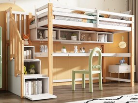 Drewniane łóżko na antresoli 90x200cm - ze schodami do przechowywania + biurkiem + podstawą z listew - Biały i Naturalny