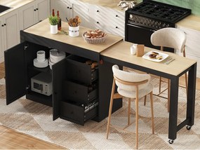 Centralna wyspa kuchenna - stół rozsuwany - z 1 portem USB i 1 portem Type-C - z półką na przyprawy i kółkami - Naturalny + Czarny