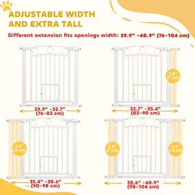 PawHut Bramka zabezpieczająca dla zwierząt, 77 cm, regulowana szerokość 76-104 cm, z drzwiami dla kota, do schodów i drzwi, biały