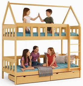 Piętrowe łóżko domek z materacami i szufladami dla dzieci, sosna R8-L77