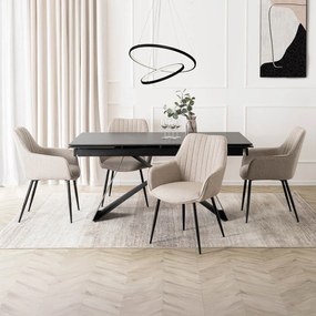 Zestaw Stół Prostokątny Rozkładany VICTOR 160-240 cm Czarny Marmur i 4 Krzesła Tapicerowane MALAGA Beżowe Nowoczesne
