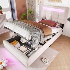 Łóżko ze schowkiem dla dorosłych 90x200 cm z oświetleniem LED i portem USB, len beżowy – bez materaca