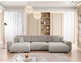 Jasnoszary sztruksowy rozkładany narożnik ze schowkiem (w kształcie litery U) Sarina – Ropez