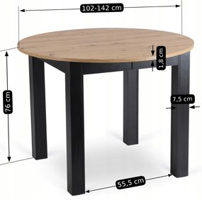 Zestaw Stół Okrągły Rozkładany HARRY 102-142 cm Dąb Artisan/Czarny i 4 Krzesła Tapicerowane IRYS Szare Nowoczesne