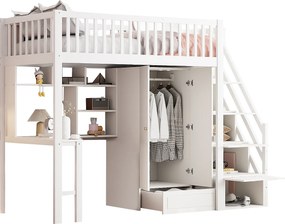 Łóżko na antresoli 90x200 cm - z szafą i biurkiem - drewniana rama łóżka - Biały