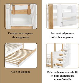 Łóżka piętrowe 120 x 200 cm + 90 x 200 cm z łóżkiem wysuwanym 90 x 190 cm + 4 szuflady - Drewno + MDF - Biały + naturalny