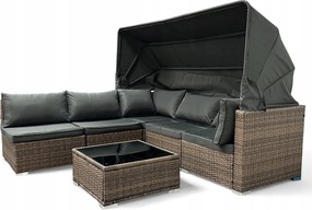 Wielofunkcyjny zestaw mebli ogrodowych - narożnik, leżanka z daszkiem Galicja 101 jasny brąz, poduszki szare