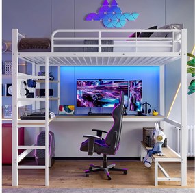 Łóżko antresolowe 90 x 200 cm, łóżko dla dorosłych z biurkiem, portem USB i diodą LED, białe – bez materaca