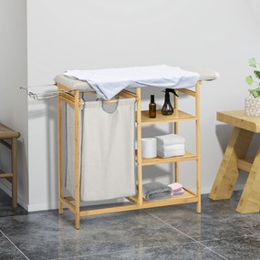 HOMCOM Segregator na pranie, multifunkcyjny, z deską do prasowania i workiem 57L, stelaż z bambusa, 113x34x82cm, naturalny/szary