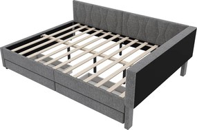 Sofa rozkładana 140x200 cm, szary len, łóżko dla dorosłych, oświetlenie LED, 2 szuflady, port USB – materac nie jest wliczony w cenę