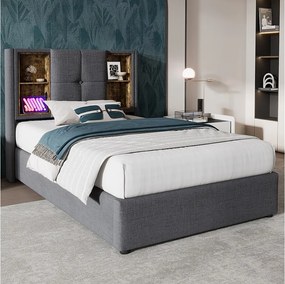 Łóżko z pojemnikiem 90 x 200 cm i zagłówkiem ze schowkiem - Gniazda USB i typu C - Tkanina bawełniana - Kolor szary