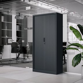 Metalowa szafa biurowa na akta z roletą DAMIAN, 900 x 1850 x 450 mm, antracytowa