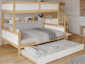 Łóżko piętrowe 90x200cm + 120x200cm + łóżko wysuwane 90x190cm - z półkami, szafą i schodami do przechowywania - z drewna sosnowego i MDF - Białe i Naturalne