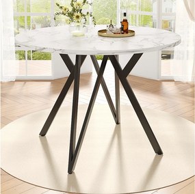 Okrągły stół jadalny o średnicy 100 cm z blatem z płyty MDF imitującej marmur i czarnymi metalowymi nogami – do kuchni i salonu