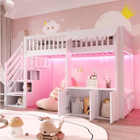 Drewniane łóżko piętrowe dla dzieci - 90 x 200 cm - ze schodkami do przechowywania + diody LED + 2 szafki - białe