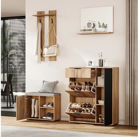Komplet szaf przedpokojowych - 140 x 35 x 139 cm - z ławką i szafką na buty + 1 lustro + półka ścienna - płyta wiórowa - kolor naturalny + czarny