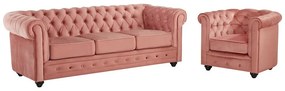Kanapa 3-osobowa i fotel CHESTERFIELD - Pasteloworóżowy welur