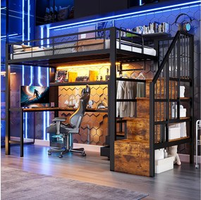 Metalowe łóżko piętrowe dla dzieci - 90 x 200 cm - z 2 szufladami + szafa + oświetlenie LED + biurko + drabinka - czarne