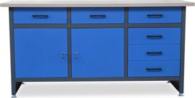 Duży stół warsztatowy z szafkami i szufladami Henry antracytowo-niebieski