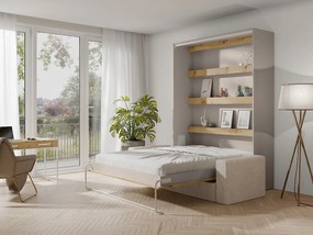 Łóżko chowane w szafie 160 x 200 cm - Ręczne otwieranie pionowe - Z diodami LED - Beżowy i naturalny + kanapa + Materac - RAPILI