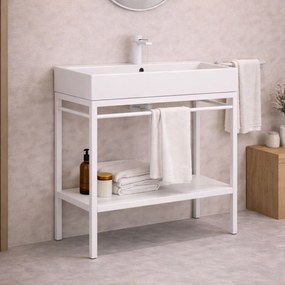 Zestaw umywalka z konglomeratu NAVI 100 x 45 cm + stojąca konsola NAVI Step | Różne kolory | Różne rozmiary : Kolor - Biały, Otwory na baterię - Bez otworów, Rozmiar - 100 x 45 cm