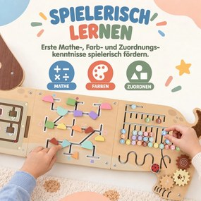 AIYAPLAY Montessori panel motoryczny drewniany Busy Board w kształcie jamnika montowany na ścianie z ksylofonem, zębatkami i bębenkiem | Aosom PL