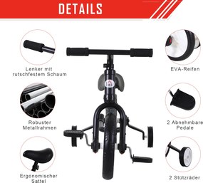 HOMCOM Rowerek Biegowy 2 w 1 Dla Dzieci Z Kółkami Podporowymi i Pedałami 2-5 Lat PP Czarny | Aosom PL