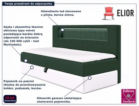 Ciemnozielone jednoosobowe łóżko kontynentalne LED 3 rozmiary C4-F77