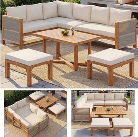 Zestaw mebli ogrodowych modułowych 6-osobowy - sofa + stół + poduszki + 2 stołki - drewno akacjowe - beż