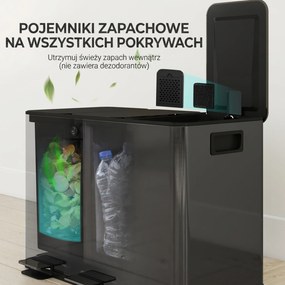 HOMCOM Kosz na śmieci z 3 x 20 L komorami, pokrywami dezodorantowymi, odporny na odciski palców, soft-close, wyjmowany, czarny