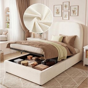 Łóżko dziecięce ze schowkiem - 90 x 200 cm - z zagłówkiem tapicerowanym + hydrauliczny schowek - welur - białe