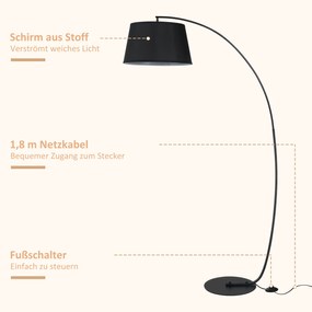 HOMCOM Lampa Stojąca z Abażurem z Tkaniny, Łukowa Lampa Podłogowa z Okrągłą Podstawą, Metal, 105L x 47S x 190W cm, Czarna