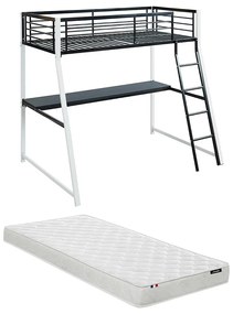 Łóżko antresola MALICIA - miejsce do spania 90 × 190 - Wbudowane biurko - kolor czarny i biały + materac 90 × 190
