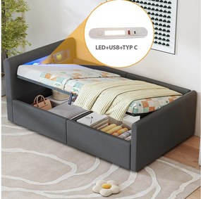 Łóżko dziecięce z pojemnikiem 90x200 cm, ciemnoszary aksamit, łóżko pojedyncze z oświetleniem LED i portem USB, bez materaca