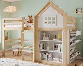 Łóżko na antresoli 90x200 cm - z 1 szufladą i półką na książeczki z obrazkami - z przegródką do przechowywania - Biały+Naturalny​ (bez materaca)