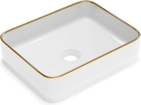Umywalka nablatowa prostokątna z ceramiki - Biały ze złotym brzegiem - 50 x 39 cm - JUNIKO II