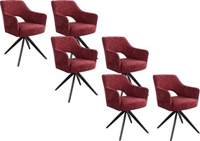 Zestaw 6 obrotowych krzeseł z podłokietnikami z teksturowanej tkaniny i czarnego metalu - Bordowy - KONYA
