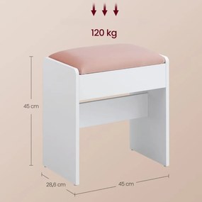 Vasagle Tapicerowany taboret/krzesło VELVET do toaletki, 45×45×28,6 cm, biały/różowy