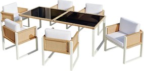 Zestaw jadalniany ogrodowy na 6 osób - 6 foteli - 1 stół - konstrukcja z żelaza ocynkowanego - w zdejmowanym i zmywalnym materiale - biały