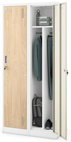 Szafka ubraniowa BHP biała/ dąb sonoma: czterokomorowa Eco Design KACPER, 800 x 1800 x 500 mm