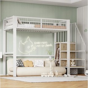 Łóżko piętrowe 90 x 200 cm – z półkami i stelażem – biały metal – materac nie jest wliczony w cenę