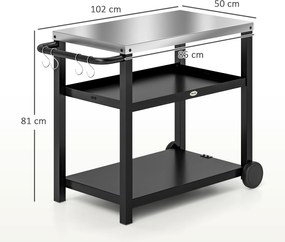 Outsunny Wózek Grillowy 3-Poziomy z Powierzchnią Roboczą, Półkami, Haczykami, Kołami, Stal Nierdzewna 102x50x81cm Węgielny Szary